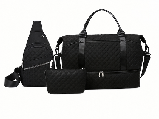 3-Piece Quilted Travel Bag Set with Duffel Bag, Sling Backpack & Cosmetic Pouch