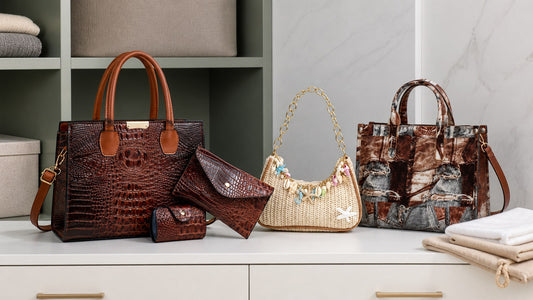Crocodile-embossed, woven and denim handbags stored on an organized shelf