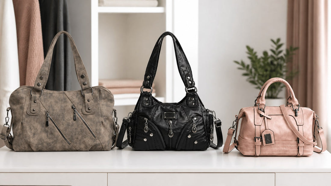 Gray tote, black shoulder bag and pink crossbody bag arranged for a carry-style comparison