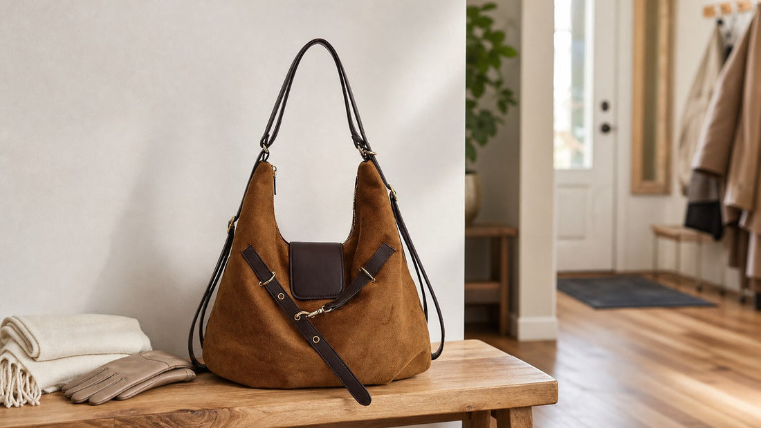 Brown convertible vintage backpack and shoulder bag on an entryway bench