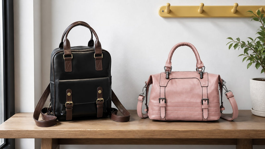 Black convertible backpack handbag beside a pink crossbody bag
