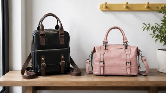 Black convertible backpack handbag beside a pink crossbody bag
