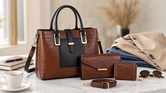 Crocodile embossed 3-piece handbag set styled for work and weekend outfits