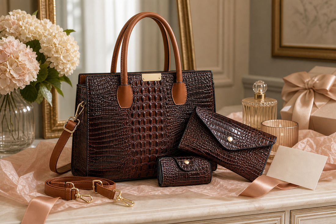 Crocodile embossed 4-piece handbag set styled as a gift for women