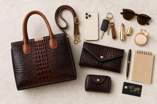 Crocodile embossed handbag set arranged with daily essentials