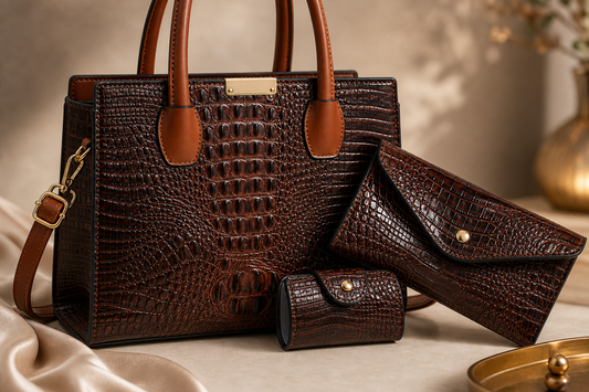 Close-up detail of crocodile embossed handbag texture and gold hardware