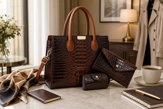 Luxury crocodile embossed handbag set styled for work and travel