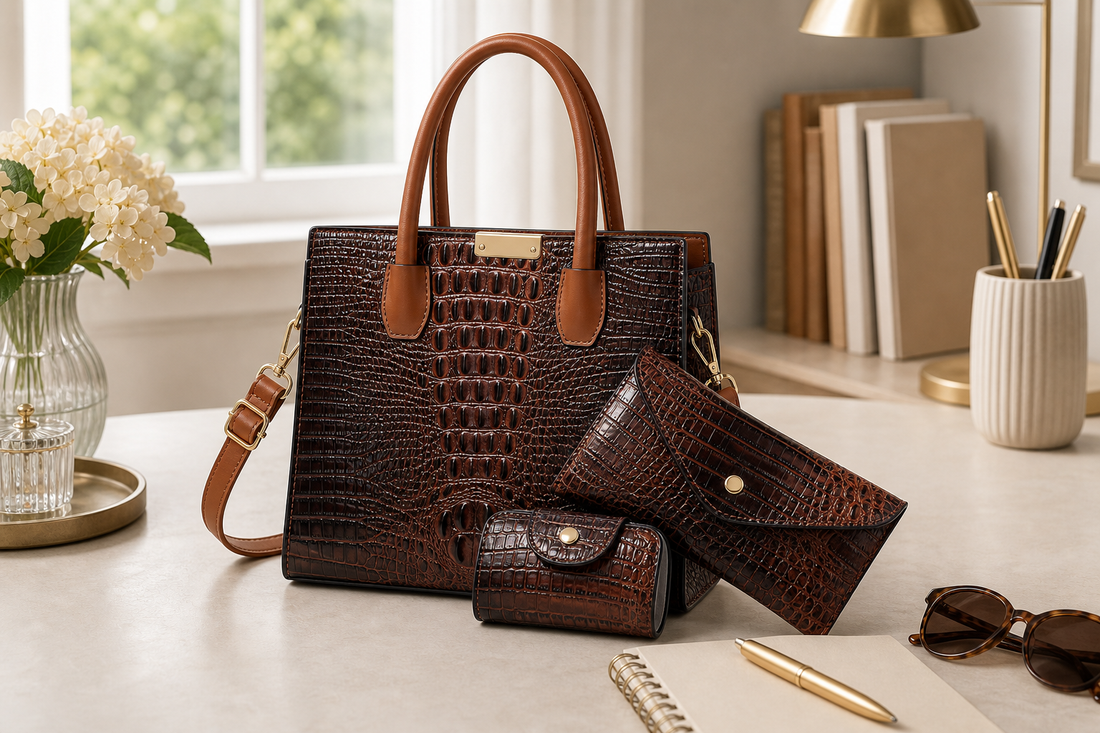 Crocodile embossed 4-piece handbag set styled on an elegant work desk