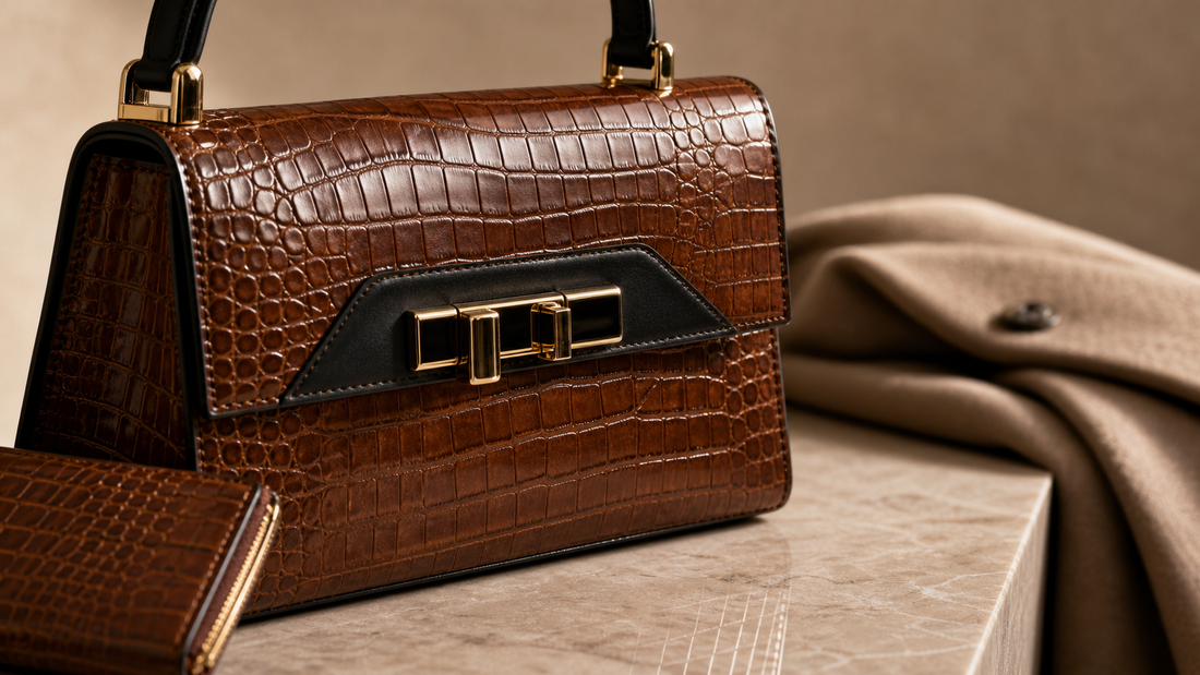 Close up of crocodile embossed handbag texture with gold tone hardware