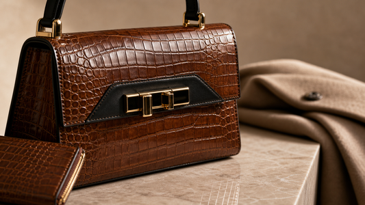 Close up of crocodile embossed handbag texture with gold tone hardware