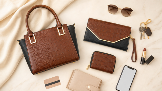 Matching crocodile embossed handbag clutch and wallet set flat lay for daily style