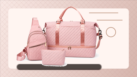 Close-up of pink quilted travel bag texture zipper and strap details