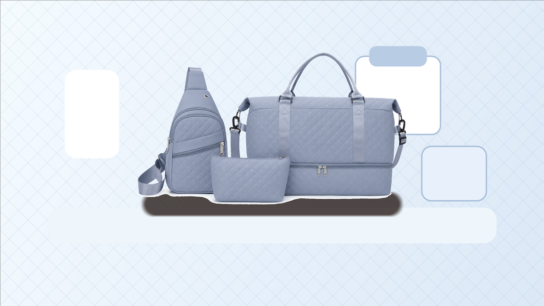Pastel blue quilted 3-piece travel bag set styled as a gift for women