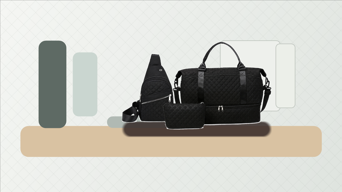Black quilted 3-piece travel bag set styled for gym and yoga days