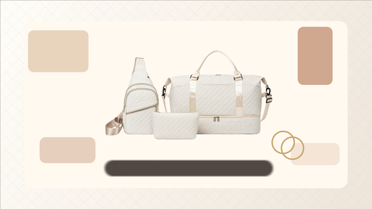 Cream quilted duffel sling backpack and cosmetic pouch organized with travel essentials
