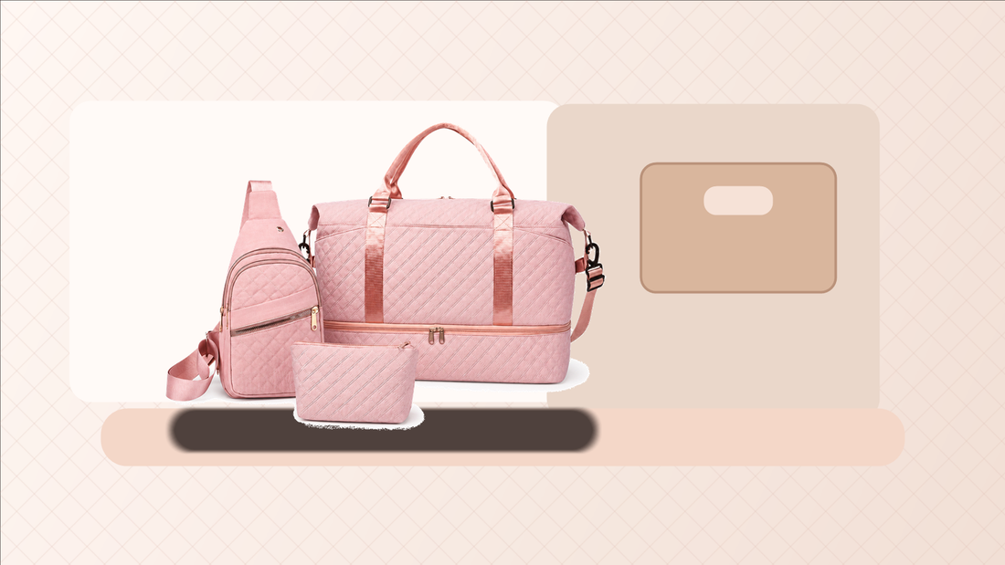 Pink quilted 3-piece travel bag set packed for a weekend trip