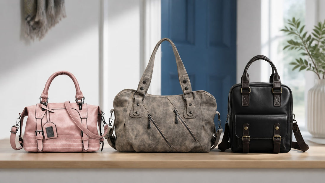 Pink crossbody, gray tote and black backpack arranged for an everyday handbag size comparison