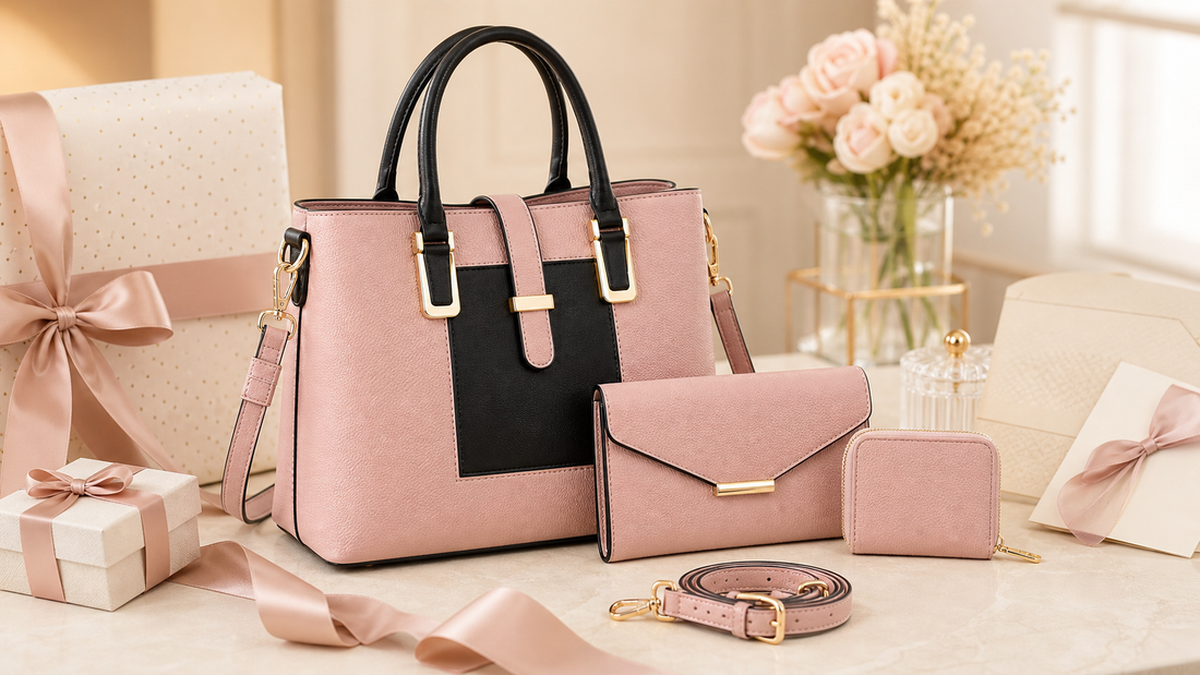 Pink structured tote bag set styled as a gift for women