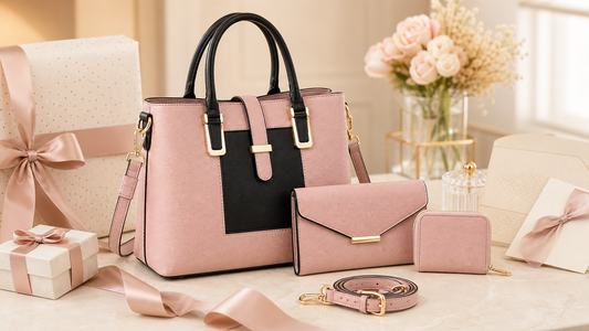 Pink structured tote bag set styled as a gift for women