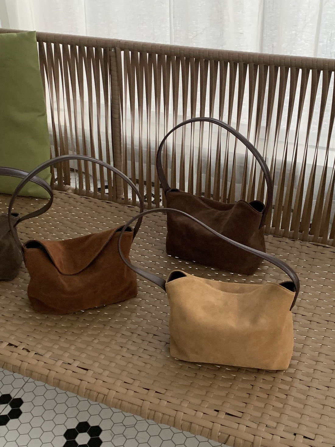 Khaki, caramel, coffee brown and gray suede-look underarm bags