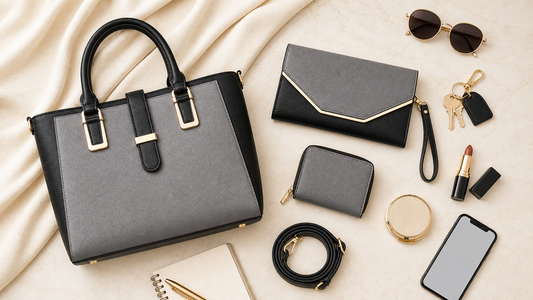 Matching tote clutch and wallet set arranged with daily essentials