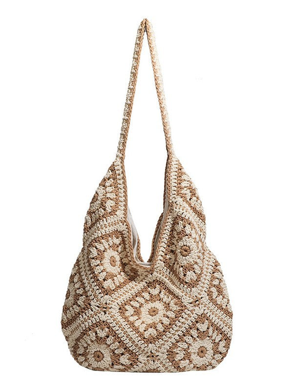 Khaki woven shoulder bag for warm-weather travel styling