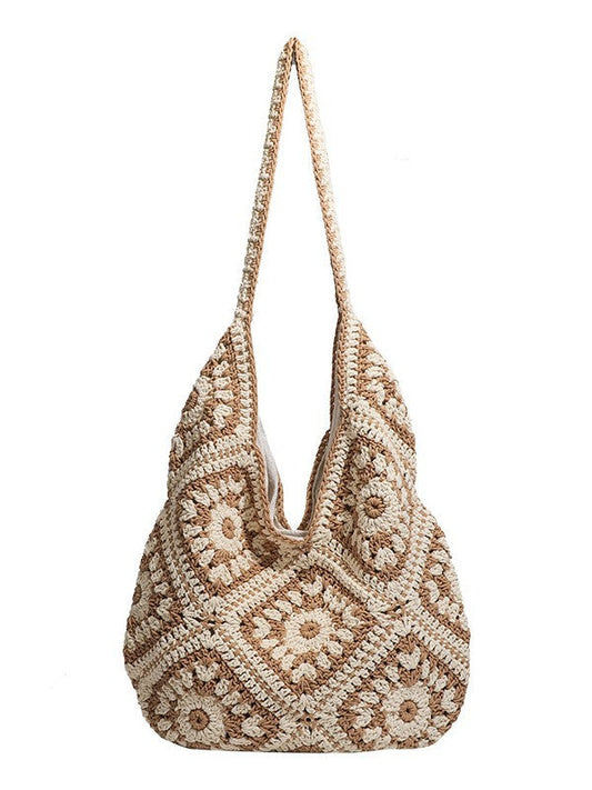 Khaki woven shoulder bag for warm-weather travel styling