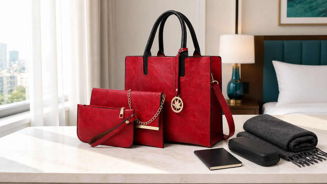 Red coordinated tote, clutch and wallet set arranged for vacation planning
