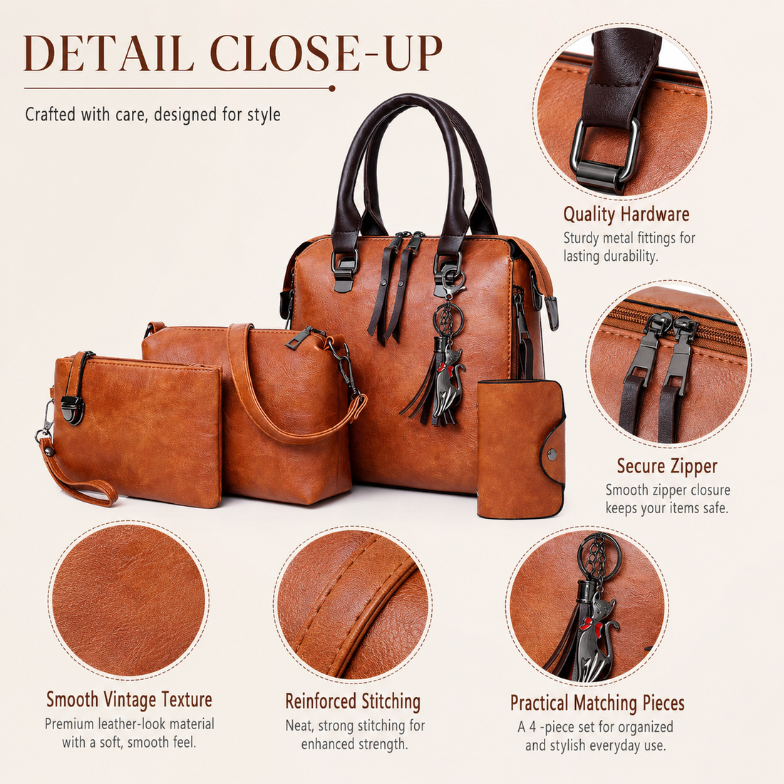 Detail close-up of vintage brown handbag set with zippers handles and tassel