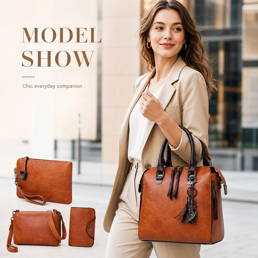 Model carrying vintage brown handbag set with matching small bags