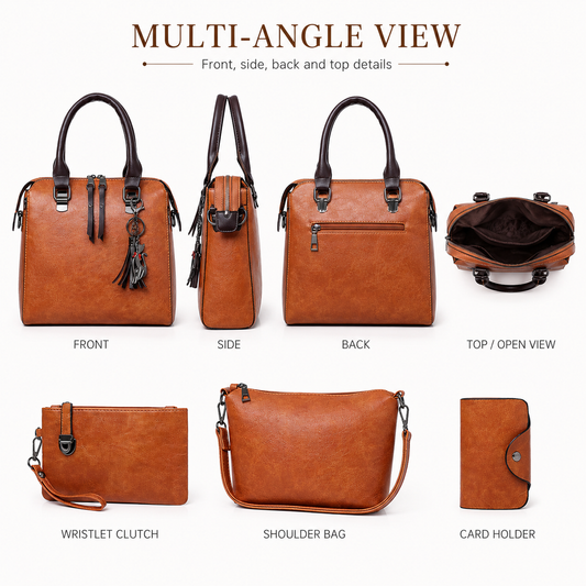Multi-angle view of vintage brown 5-piece handbag set
