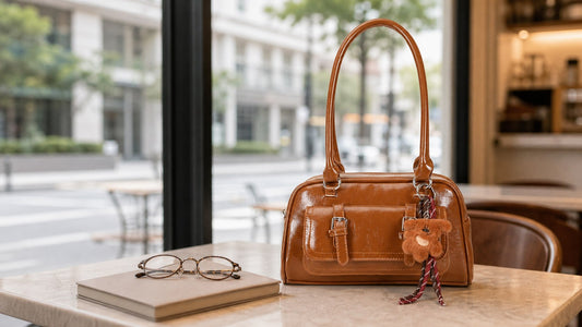 Warm brown vintage commuter shoulder bag with pendant on a cafe table