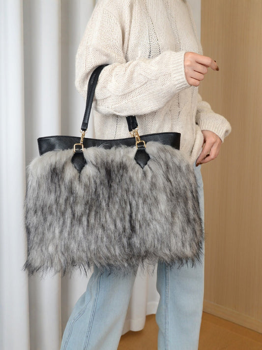 Colorblock Faux Fur Plush Large Capacity Tote Bag by EuroChic Tote