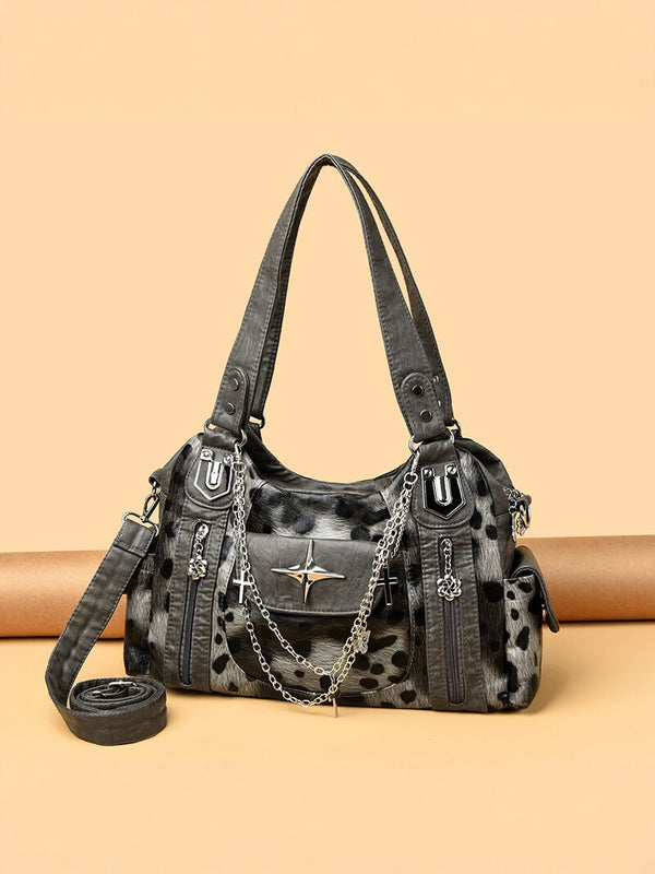 Large Capacity Vintage Chain Accent Leopard Print Tote Bag