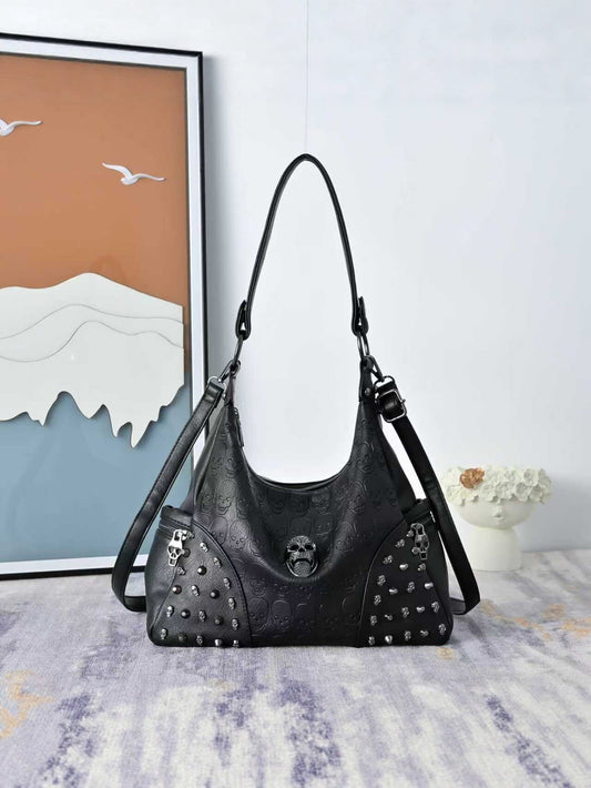 Black Skull Rivet Punk Large Capacity Tote Bag by EuroChic Tote