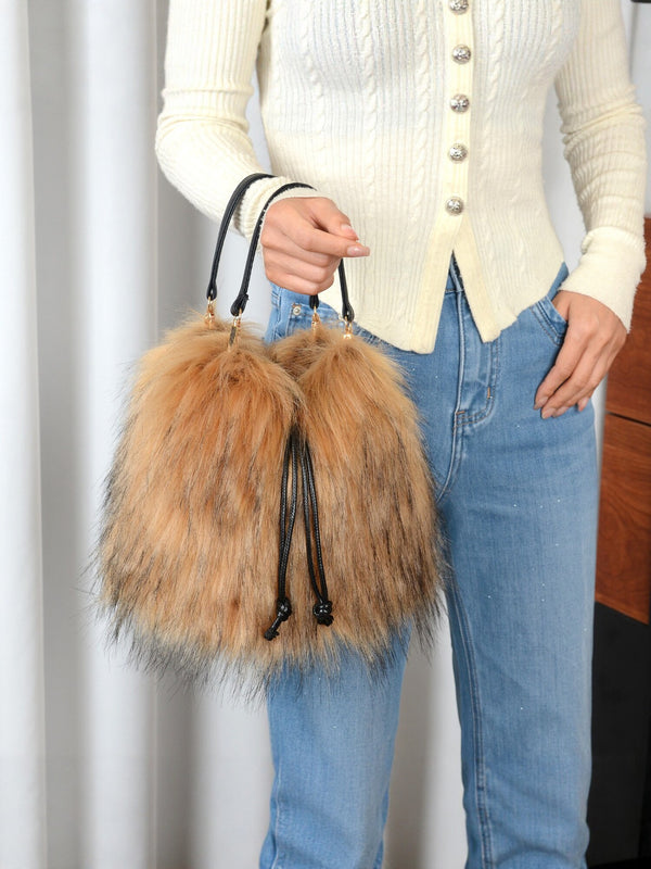 Colorblock Faux Fur Plush Bucket Bag
