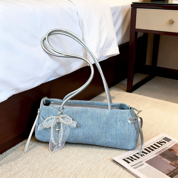 Korean Style Bow Accent Denim Shoulder Crossbody Bag