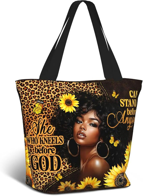 Black faith quote sunflower tote bag for women