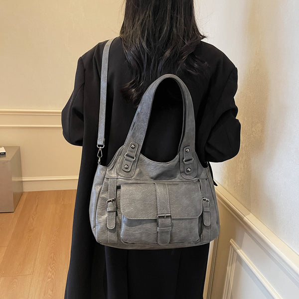 Vintage Soft Leather-Look Tote Shoulder Bag
