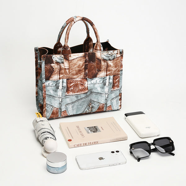 denim patchwork satchel bag product view 4 for women