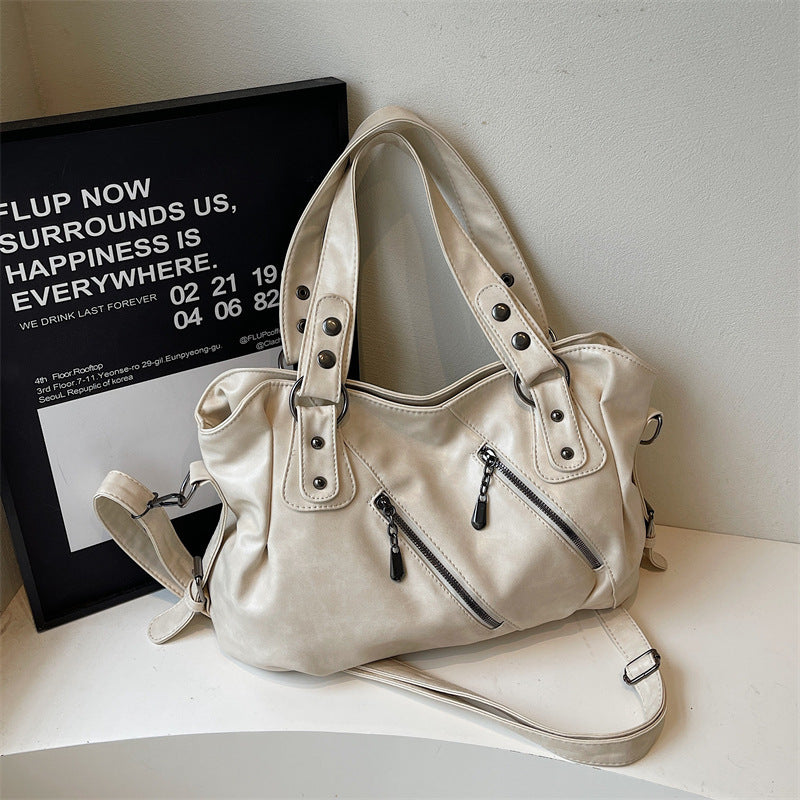 Beige washed leather-look multi-zip hobo shoulder bag
