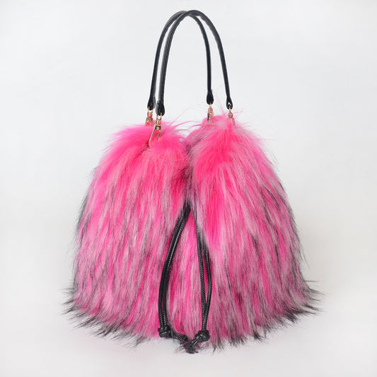 Colorblock Faux Fur Plush Bucket Bag by EuroChic Tote