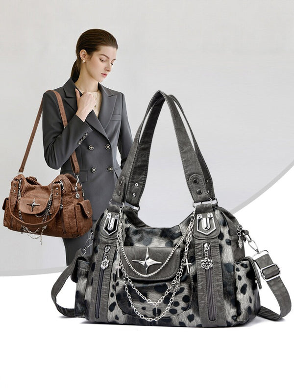 Large Capacity Vintage Chain Accent Leopard Print Tote Bag product view 5 by EuroChic Tote