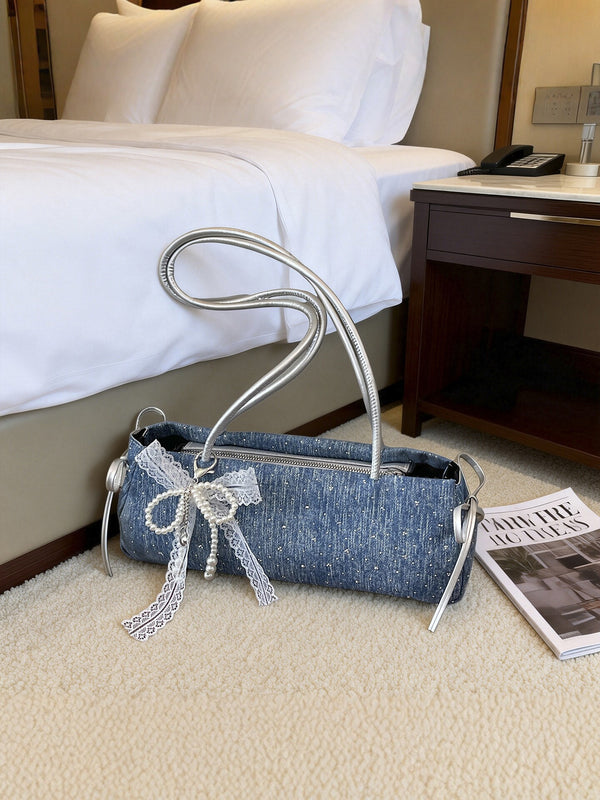 Korean Style Bow Accent Denim Shoulder Crossbody Bag