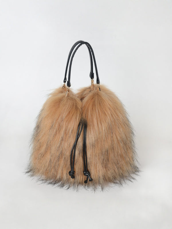 Colorblock Faux Fur Plush Bucket Bag