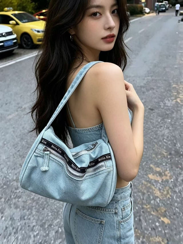 Korean Style Denim Underarm Bag product view 3 by EuroChic Tote
