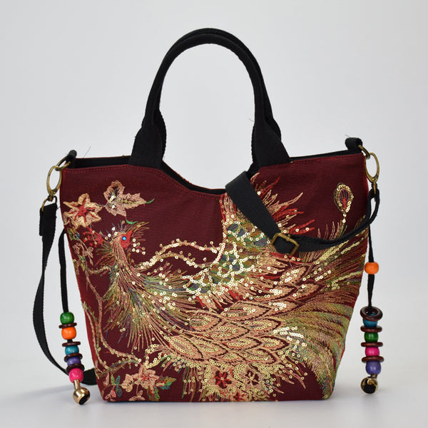 Embroidered Ethnic Phoenix Peacock Crossbody Bag product view 3 by EuroChic Tote