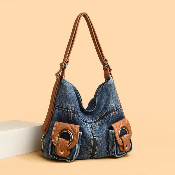 Vintage Washed Denim Hobo Shoulder Bag with Backpack Straps