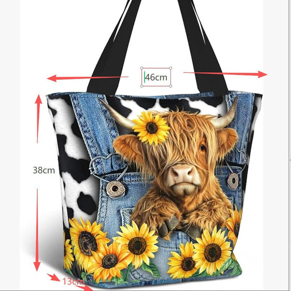 Large Graphic Tote Bag for Women - Cow, Faith & Sunflower Prints
