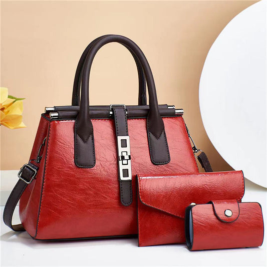 3-Piece Color-Block Vintage Shoulder Bag Set in bright red color
